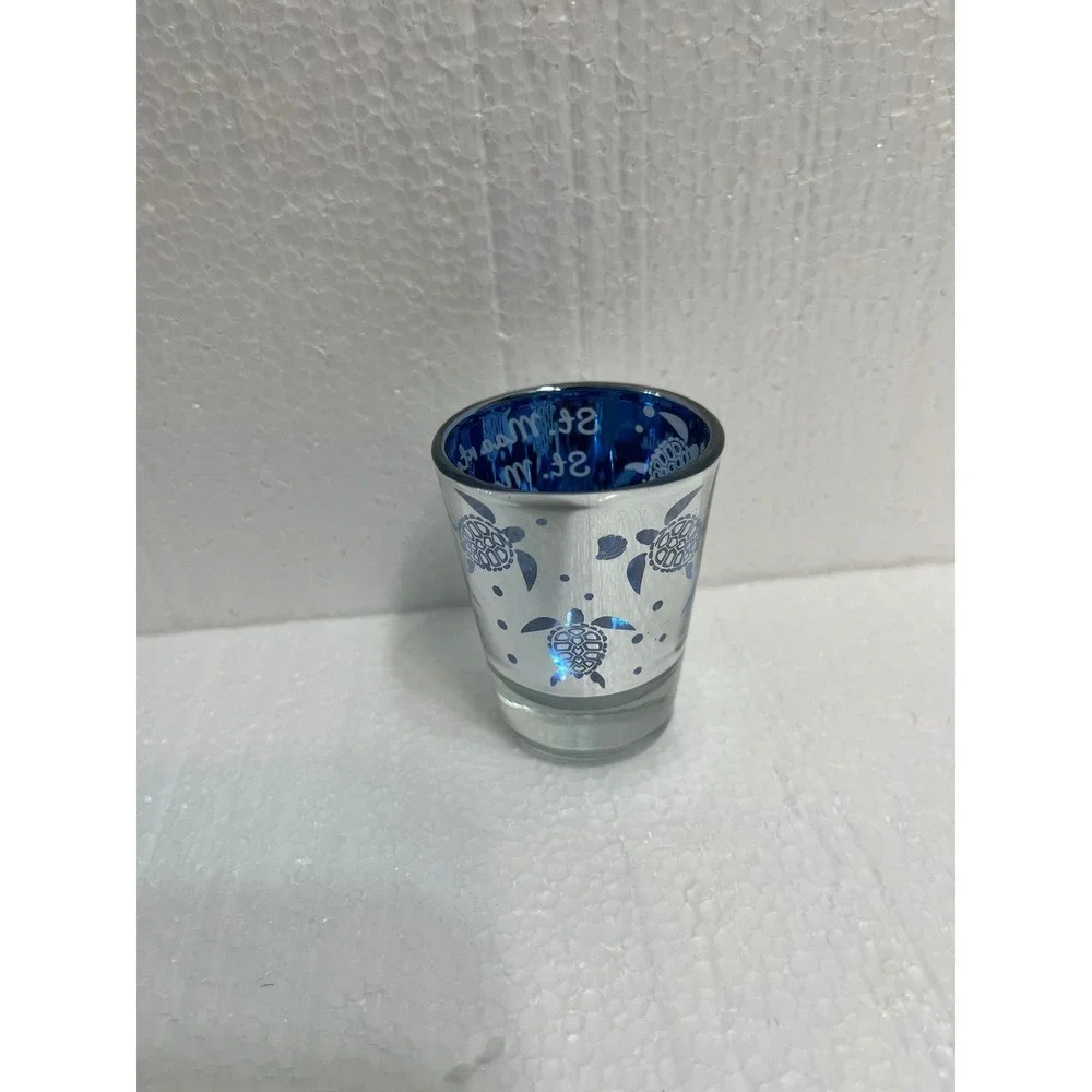 St Maarten St Martin Souvenir Shot Glass Blue Silver Mirrored Sea Turtle Coastal